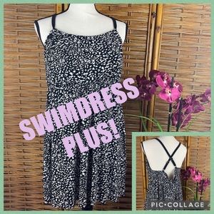 COASTAL BLUE 1X PLUS BLACK WHITE PRINT BRA SWIMDRESS NO BOTTOM MODEST